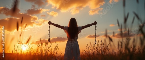 A silhouette of a woman stands in a golden field, arms outstretched, holding broken chains as the sun sets behind her, casting a warm glow across the sky. This powerful image captures the essence of