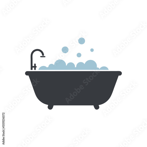 classic pink bathtub overflowing with bubbly blue foam and vintage shower head on white background