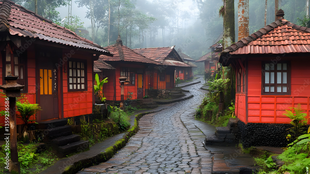 Fototapeta premium Charming Red Wooden Cabins In A Misty Tropical Village