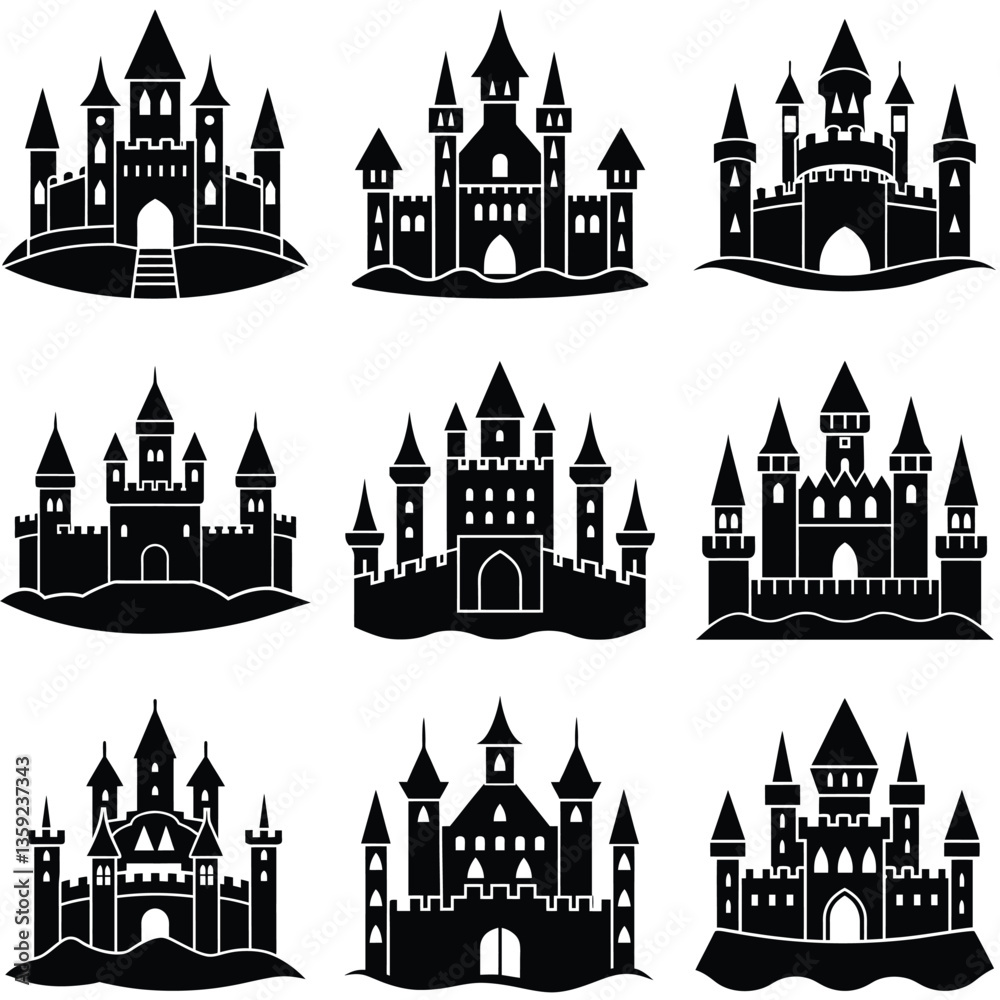 Obraz premium Collection of Black and White Castle Silhouettes