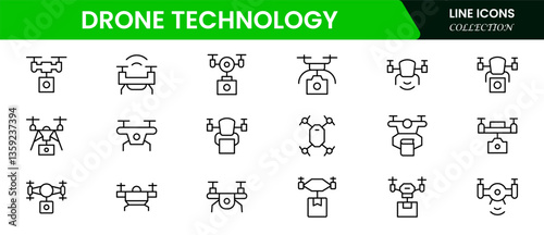 Drone Technology vector line icon set. Contains linear outline icons like Quadrocopter, Propeller, Remote Control, Radar, Camera, Battery, Delivery, Copter.