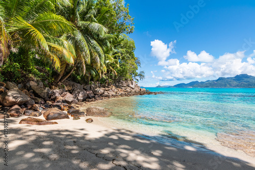 Obraz na płótnie Tropical Beach with Palm Trees and Rocks, Mahé Island, Seychelles w salonie