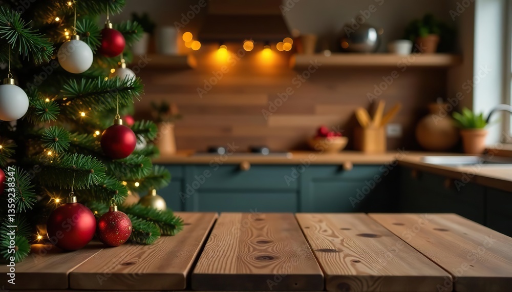 Festive kitchen background with wooden table, Christmas tree, and twinkling lights for holiday cooking and gatherings, holiday, kitchen Festive kitchen background with wooden table, Christmas tree, and twinkling lights for holiday cooking and gatherings, holiday, kitchen