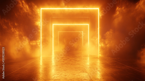 A glowing golden stage with bright spotlights and  gold vertical lighting lines on dark background with lighting effect and sparkle, stage lighting effect with bokeh and golden confetti 