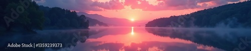 Enchanting evening glow reflected in tranquil lake, creating a mystical ambiance,  outdoors,  serene