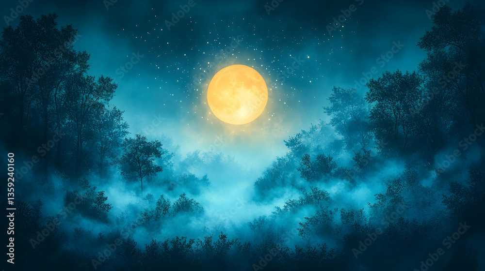 A glowing full moon illuminates a misty forest at night casting a cool ethereal light on the surrounding trees and the A glowing full moon illuminates a misty forest at night casting a cool ethereal light on the surrounding trees and the