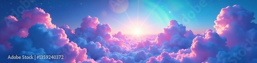 Ethereal cloud-filled celestial heavens with blue, pink, purple, green, and lilac light; heavenly background banner,  clouds,  ethereal