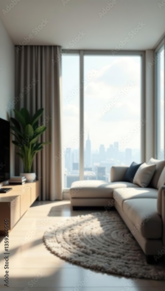 Fototapeta premium Blurred modern living room interior with soft lighting and minimalistic decor, home, contemporary