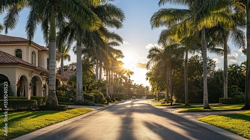 Exclusive palm-lined boulevard, luxury residences with tropical facades, bright sunlight filtering through palms 