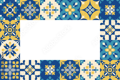 Mediterranean tile frame. Ornamental border pattern. Portugal, Mexican, Italian, Moroccan, Turkish, Spanish backgroound. Blue and yellow ceramic decor design. Vector.