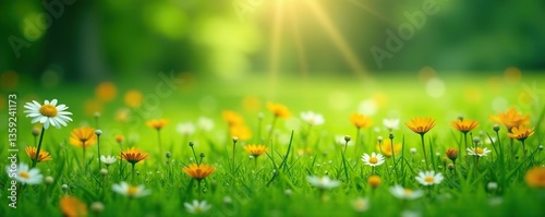 Evergreen flowers and grass field in a serene natural setting, showcasing vibrant colors and lush greenery,  vibrant colors,  serene