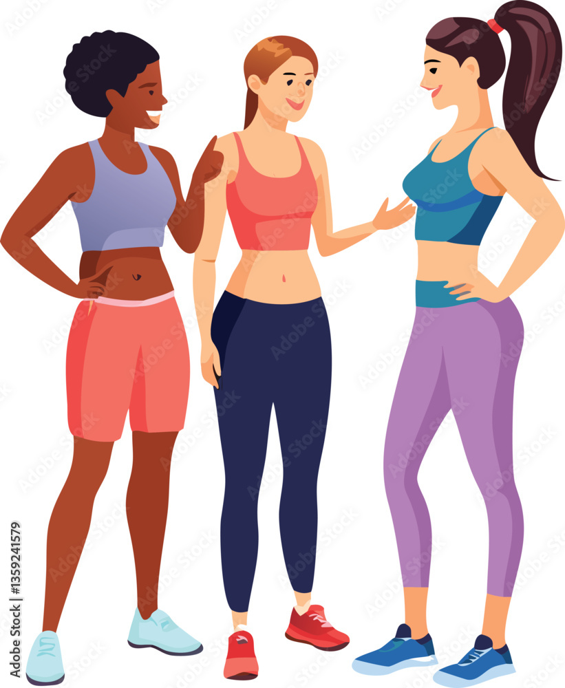 Three Fit Women Talking and Smiling in Activewear – Fitness and Friendship Concept Three Fit Women Talking and Smiling in Activewear – Fitness and Friendship Concept