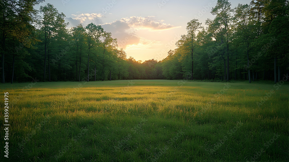 Obraz premium A golden sunset fills the forest meadow with light Trees flank the field Sky is partly cloudy Bright and natural scen