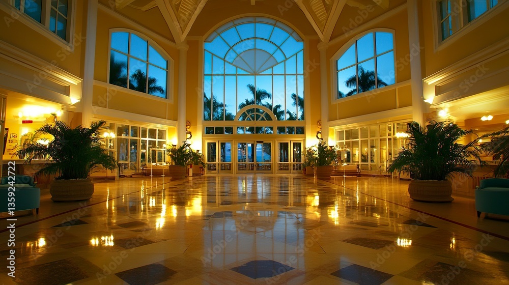 Obraz premium Grand hotel lobby, spacious with high ceilings and panoramic windows, elegant beach-inspired decor and soft lighting enhancing the ambiance