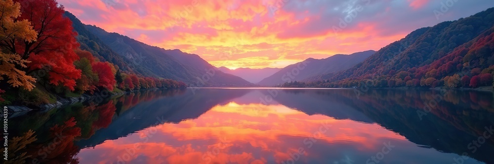 Fototapeta premium Fantastic autumn sunset over calm Hintersee lake with vibrant orange and pink hues reflected on the water surface, surrounded by colorful autumn foliage on the banks, calm, colorful