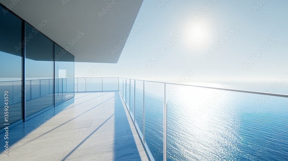 Obraz premium High-rise balcony with direct ocean sightline, glass railings reflecting sunlight, airy summer ambiance, low-angle shot showcasing horizon dominance.