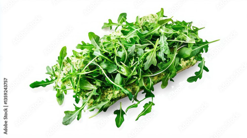Fototapeta premium Fresh arugula and avocado wrap on white background for healthy meal ideas