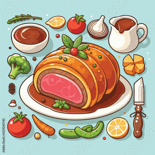meat, food, traditional, slice, dinner, pastry, meal, beef, cooking, red, lunch, holiday, wellington, sauce, roasted, recipe, puff, cut, fillet, stuffed, steak, pie, christmas, tradition, ingredient, 