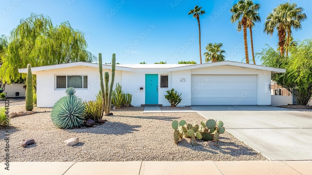 Fototapeta premium Iconic midcentury modern house, white walls and aqua door, minimalist landscaping with palms and cacti, vibrant summer desert light 