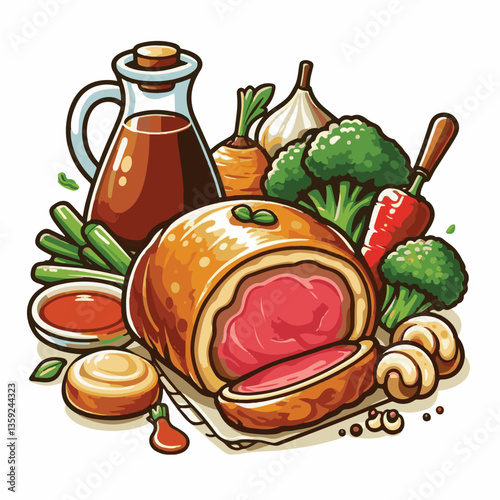 meat, food, traditional, slice, dinner, pastry, meal, beef, cooking, red, lunch, holiday, wellington, sauce, roasted, recipe, puff, cut, fillet, stuffed, steak, pie, christmas, tradition, ingredient, 