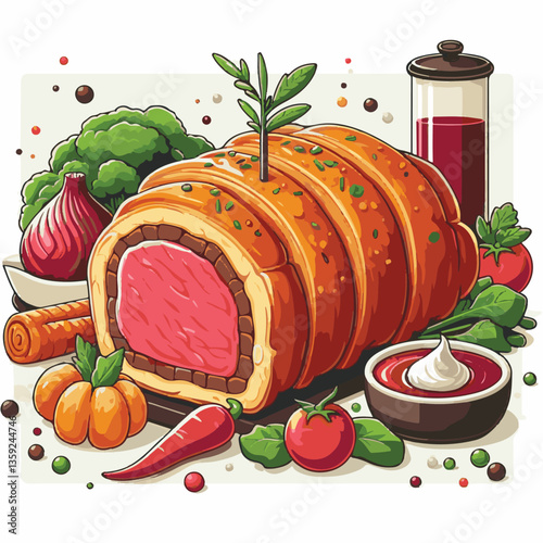meat, food, traditional, slice, dinner, pastry, meal, beef, cooking, red, lunch, holiday, wellington, sauce, roasted, recipe, puff, cut, fillet, stuffed, steak, pie, christmas, tradition, ingredient, 