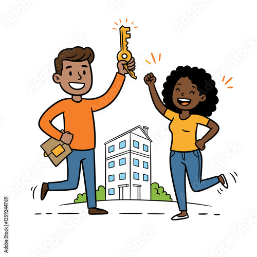 Happy couple celebrating receiving house keys in front of new home  