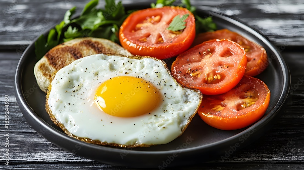 Delicious Fried Egg Breakfast with Toasted Bread and Tomatoes Delicious Fried Egg Breakfast with Toasted Bread and Tomatoes