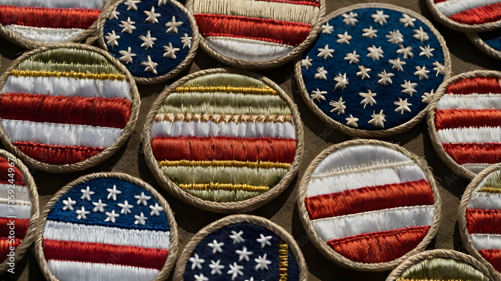 Naklejka premium A collection of beautifully crafted embroidered patches featuring the American flag in various styles, perfect for jackets, backpacks, and patriotic accessories.
