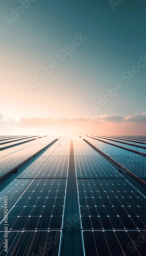 Futuristic Solar Farm with Reflective Panels Under Clear Sky, Renewable Energy and Sustainability Concept Image