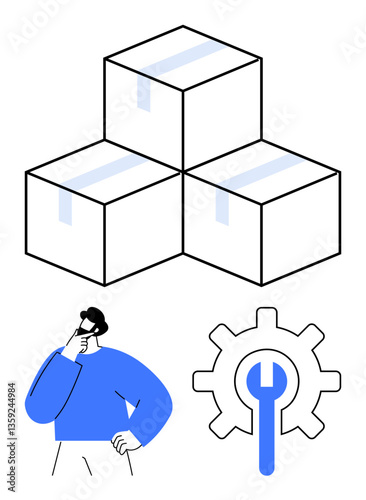 Stacked packages, thinking figure, and gear with wrench depict shipping, storage, repair processes. Ideal for logistics, problem-solving, maintenance, e-commerce inventory management supply chain