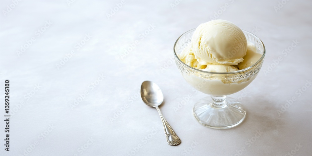 Dessert cup filled with vanilla ice cream scoops on light background. White ice cream. Dessert cup and spoon. Image for food, desserts and summer themes Dessert cup filled with vanilla ice cream scoops on light background. White ice cream. Dessert cup and spoon. Image for food, desserts and summer themes