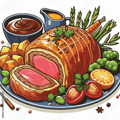 meat, food, traditional, slice, dinner, pastry, meal, beef, cooking, red, lunch, holiday, wellington, sauce, roasted, recipe, puff, cut, fillet, stuffed, steak, pie, christmas, tradition, ingredient, 