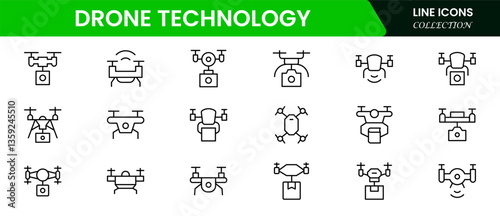 Drone Technology vector line icon set. Contains linear outline icons like Quadrocopter, Propeller, Remote Control, Radar, Camera, Battery, Delivery, Copter.