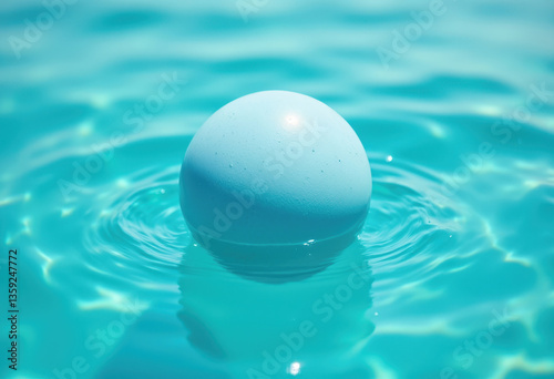 The sphere is partially submerged in clear, turquoise water. Ripples distort its shape, and droplets cling to the exposed surface, creating a sense of movement and buoyancy