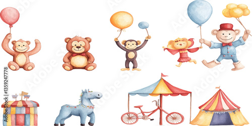 Circus character watercolor set with clowns, lions, and acrobats isolated on a white background.