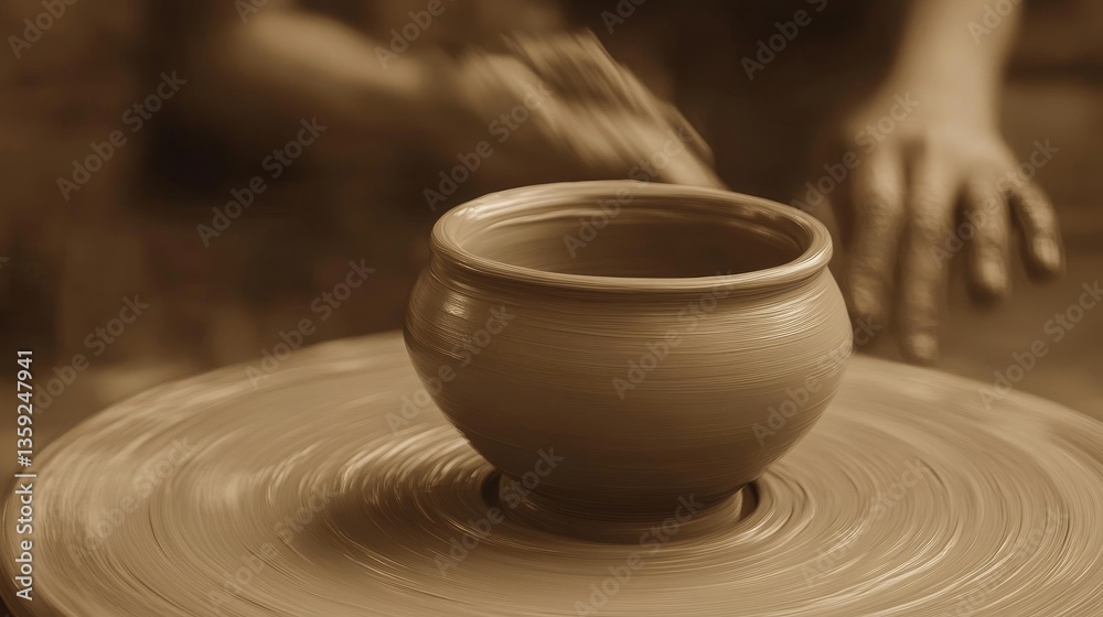 Handcrafted Clay Pot on a Spinning Wheel in Sepia Tone Handcrafted Clay Pot on a Spinning Wheel in Sepia Tone