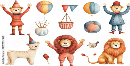 Circus character watercolor set with clowns, lions, and acrobats isolated on a white background.