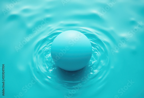 The sphere is partially submerged in clear, turquoise water. Ripples distort its shape, and droplets cling to the exposed surface, creating a sense of movement and buoyancy