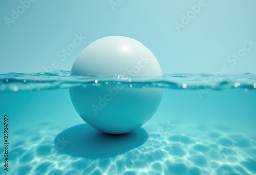 The sphere is partially submerged in clear, turquoise water. Ripples distort its shape, and droplets cling to the exposed surface, creating a sense of movement and buoyancy