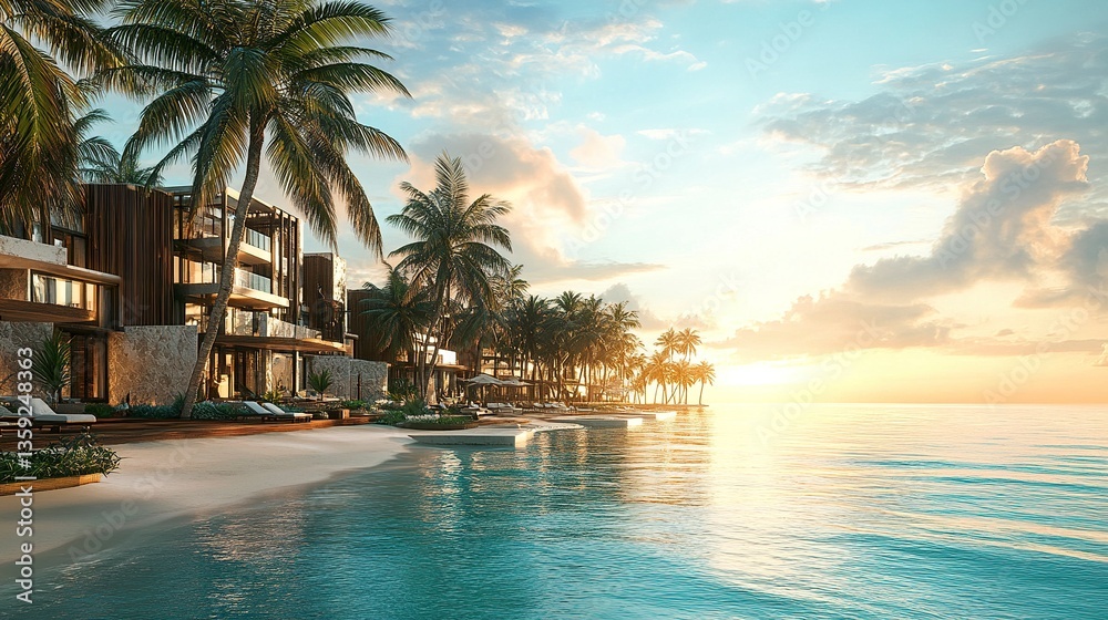 Fototapeta premium Luxurious Caribbean resort, soft morning light casting golden tones, tropical palms swaying by the shore, peaceful sunrise over turquoise waves 
