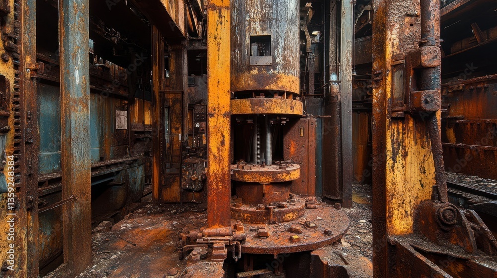 Fototapeta premium A massive rusted hydraulic press, covered in grime and standing unused in a railway plant