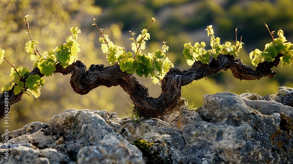 Fototapeta premium Ancient vineyard tendril sprouting vibrant foliage atop weathered stone