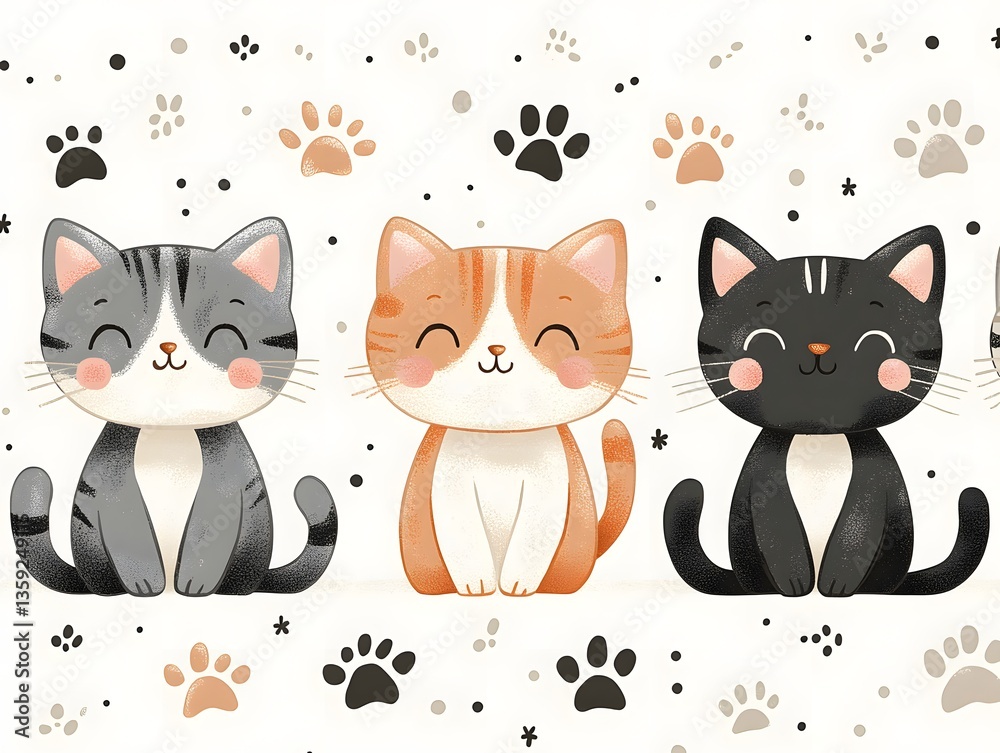 Obraz premium Three Playful Cats: a cute cartoon cats of various colors, surrounded by paw prints, capturing playful energy and adorable charm. Perfect for designs about pets and joy.