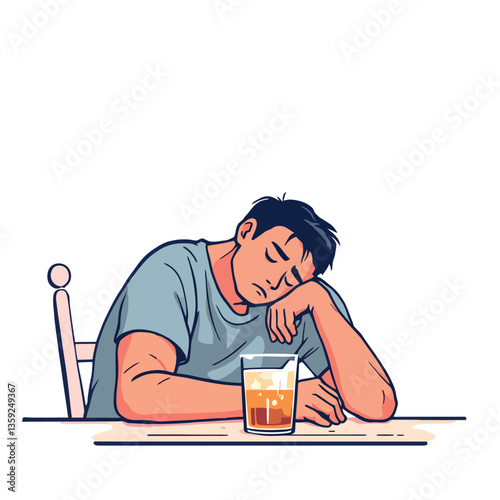 Drunk man sleeping at table after drinking alcohol