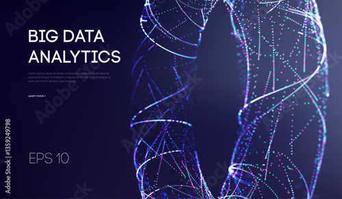 Big data analytics concept with glowing particle helix, futuristic digital visualization, abstract data stream and machine learning elements on dark background