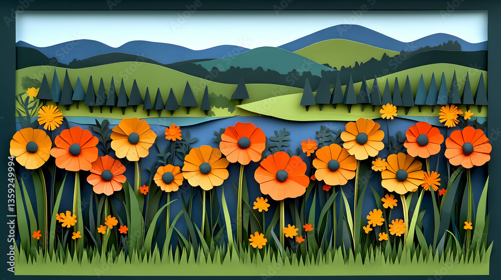 Obraz premium A layered paper artwork with rolling hills and a flower field with orange and yellow flowers and green grass against blu