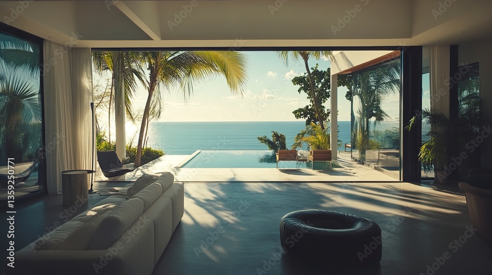 Fototapeta premium Luxury beachfront home, minimalist living room with white walls, poolside terrace blending into ocean views, bright and open feel