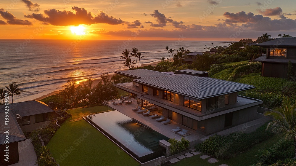 Fototapeta premium Luxury beachfront villas in resort-style estate, sleek modern design, private pools overlooking ocean, golden hour glow 