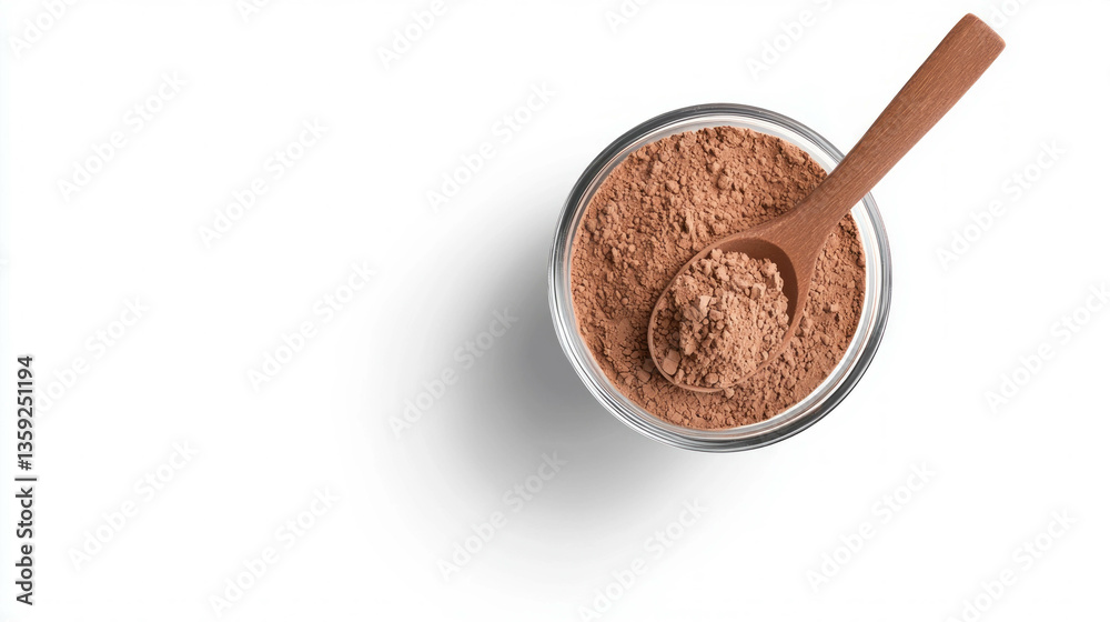 Realistic cocoa powder in glass bowl with wooden spoon for culinary and baking uses Realistic cocoa powder in glass bowl with wooden spoon for culinary and baking uses