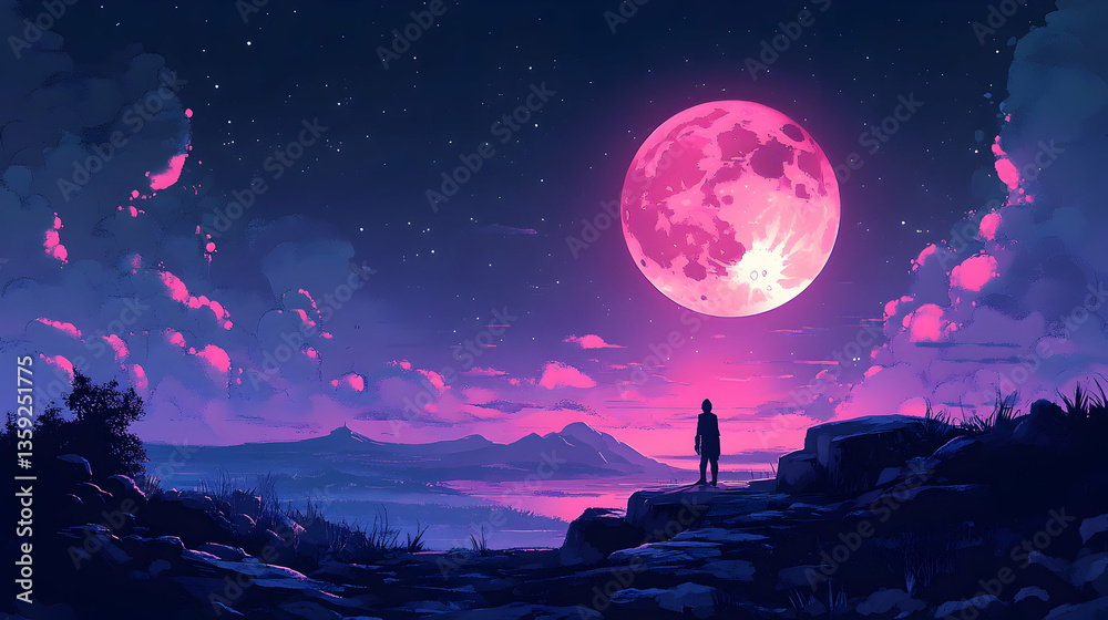 Naklejka premium A lone figure stands on a cliff under a large pink moon in a star-filled sky with pink clouds overlooking a distant lan